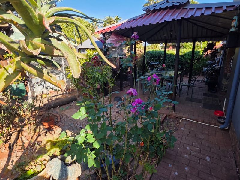 Outdoor patio area featuring a metal gazebo structure and brick paving, surrounded by a garden with established rose bushes.