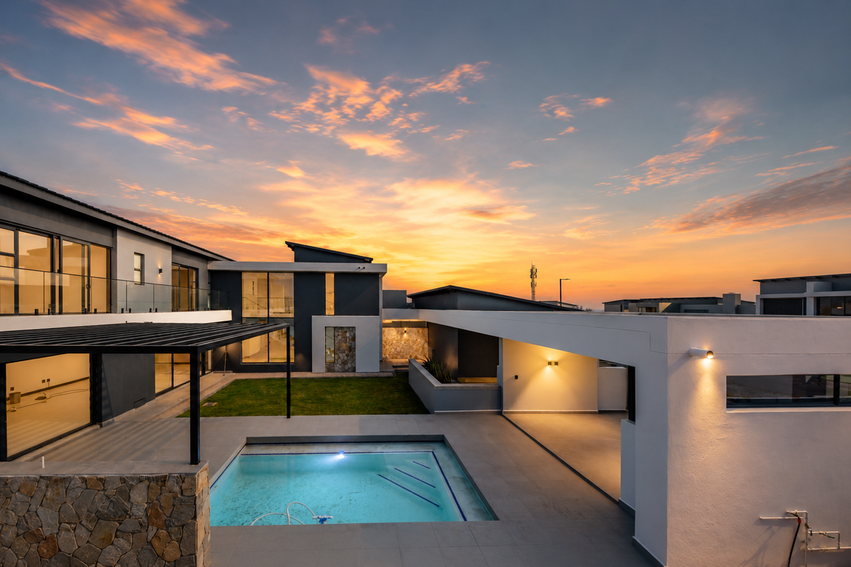 Modern rear exterior featuring a swimming pool, covered patio area, stone feature wall, and contemporary architectural design at sunset.