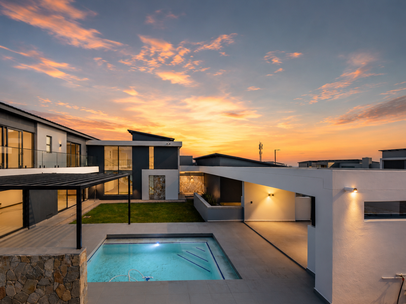 Modern rear exterior featuring a swimming pool, covered patio area, stone feature wall, and contemporary architectural design at sunset.