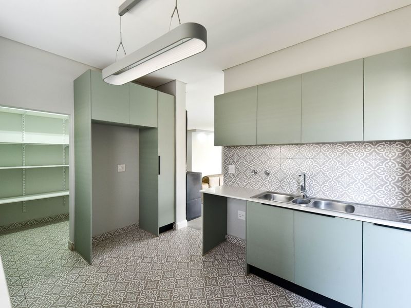 A modern, well-maintained scullery featuring sage green cabinetry, patterned tile flooring, a double bowl sink, and integrated shelving in the adjacent pantry area.