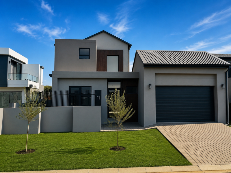 Modern double-story residential facade featuring a paved driveway, integrated garage, and clean architectural lines with contemporary exterior finishes.