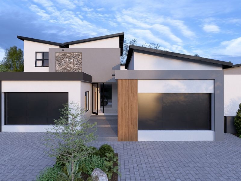 Modern architectural front elevation featuring a double garage, stone cladding accents, and a clean, contemporary paved driveway entrance.