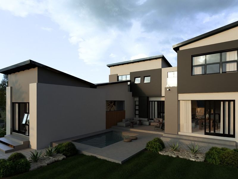 Modern rear exterior view featuring a swimming pool, paved patio area, and large sliding glass doors connecting the indoor and outdoor living spaces.