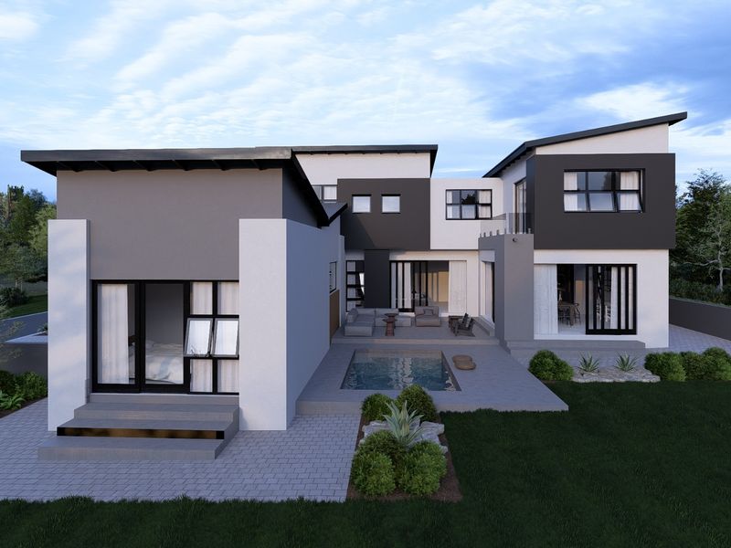 Modern double-story residential property featuring a rear patio, swimming pool, and contemporary architectural design with large sliding glass doors.
