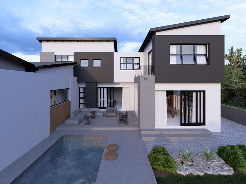 Modern rear exterior view featuring a contemporary two-story home with a paved patio area, swimming pool, and clean architectural lines.