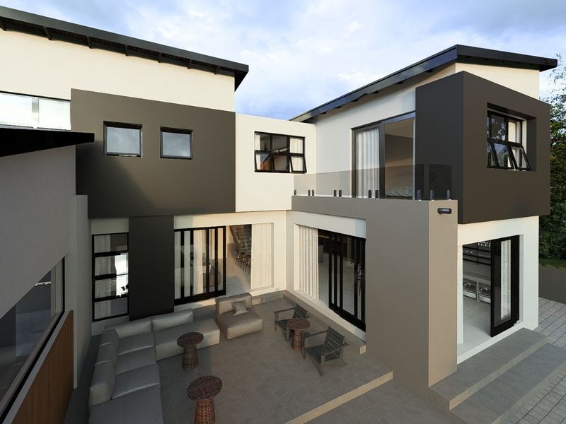 A modern rear exterior view of a contemporary two-story house featuring a tiled patio, glass balcony balustrade, and large sliding doors.