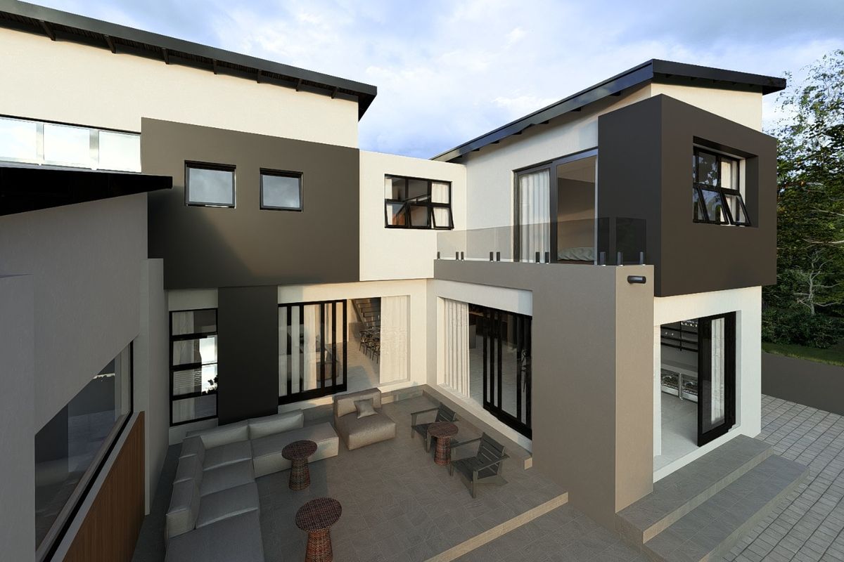 A modern rear exterior view of a contemporary two-story house featuring a tiled patio, glass balcony balustrade, and large sliding doors.