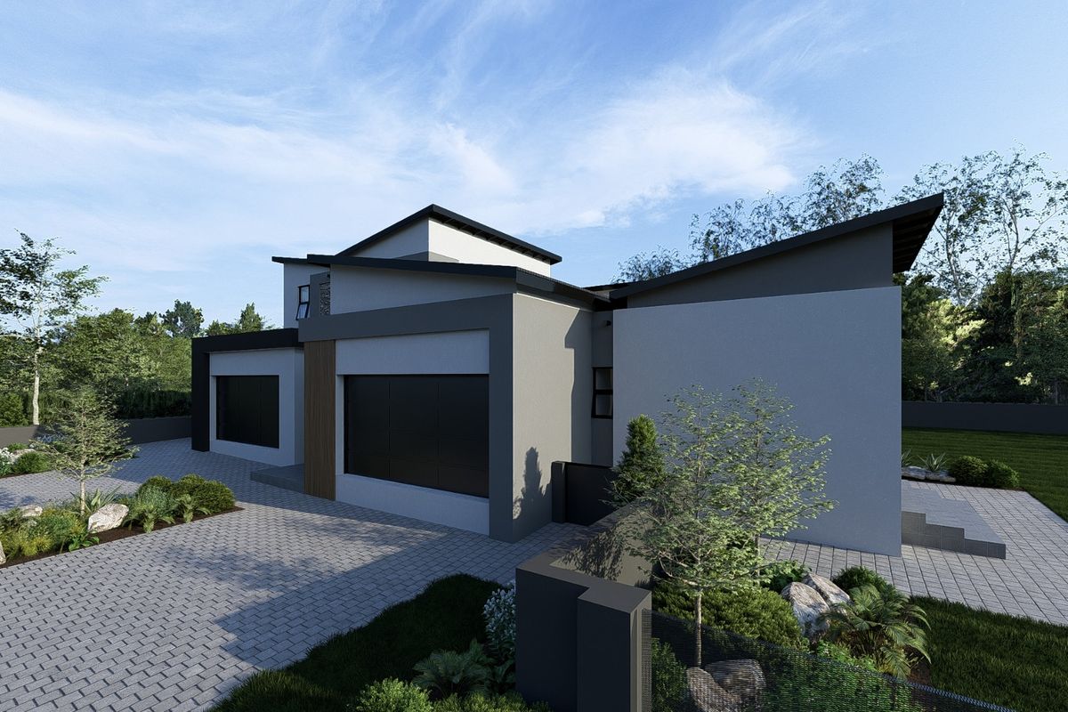 A modern architectural exterior view of a contemporary house featuring a paved driveway, landscaped garden, and distinctive skillion roof design.