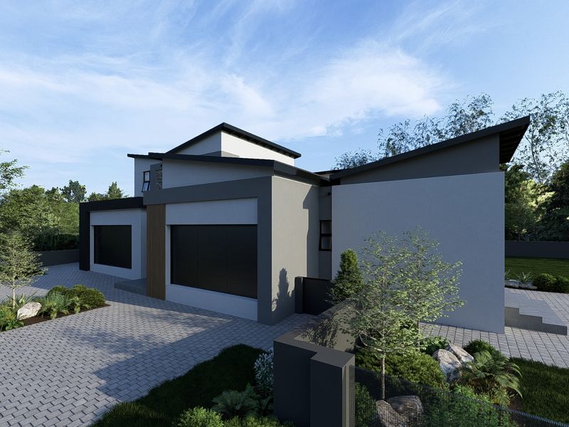 A modern architectural exterior view of a contemporary house featuring a paved driveway, landscaped garden, and distinctive skillion roof design.