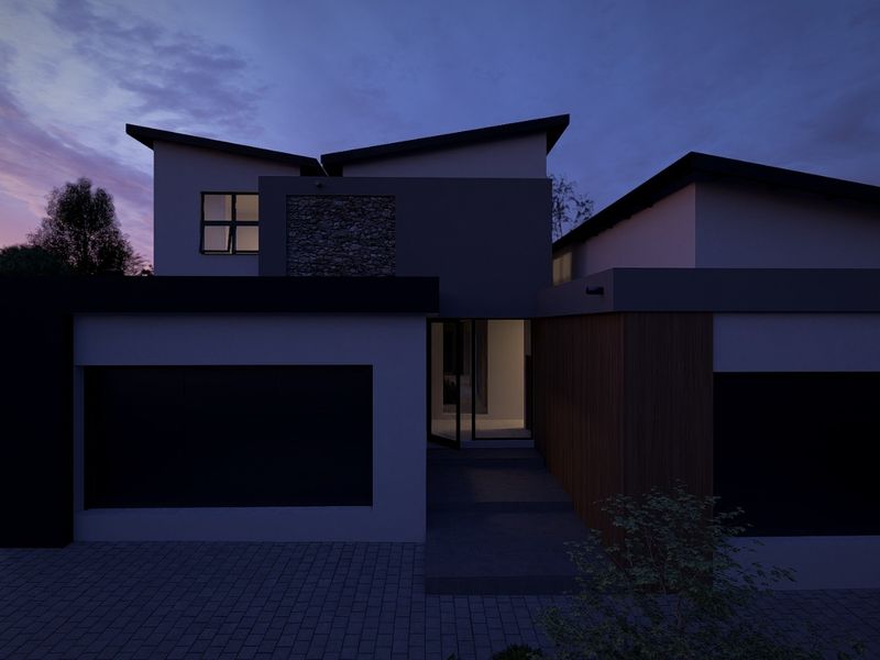 A modern architectural front elevation featuring stone and timber accents, a paved driveway, and a striking skillion roof design at twilight.