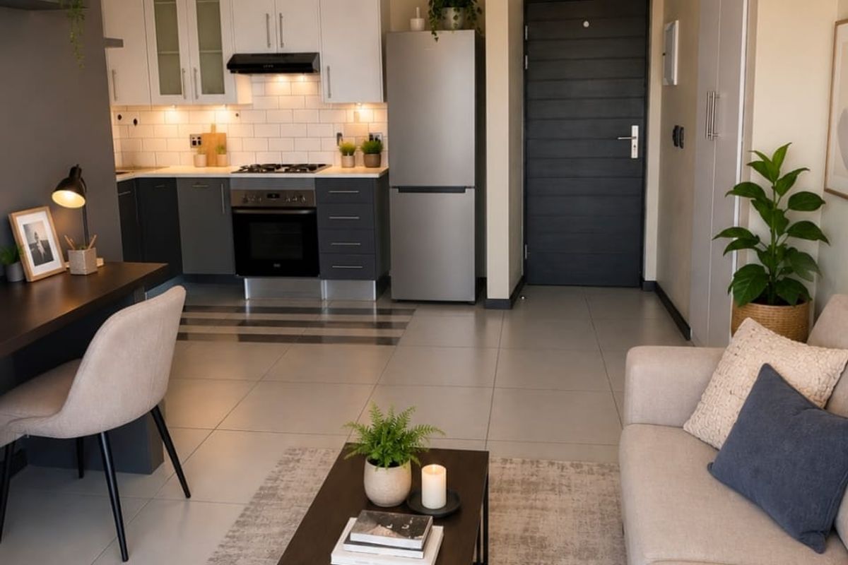 Modern open-plan apartment living area featuring a compact kitchen with built-in cabinetry, subway tile backsplash, and integrated appliances, flowing into a comfortable lounge space.