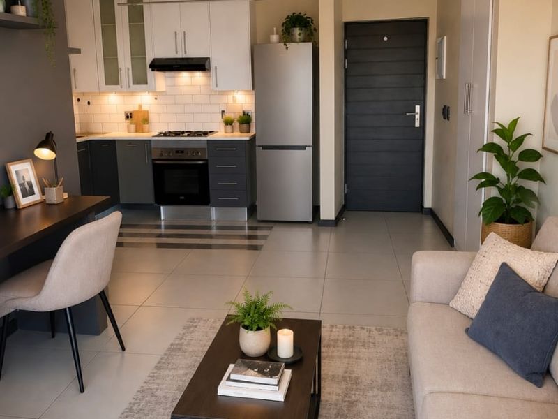 Modern open-plan apartment living area featuring a compact kitchen with built-in cabinetry, subway tile backsplash, and integrated appliances, flowing into a comfortable lounge space.