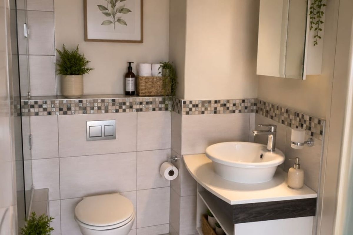 A modern, well-maintained bathroom featuring a wall-mounted toilet, vessel sink vanity, and a glass-enclosed shower with neutral tiling.
