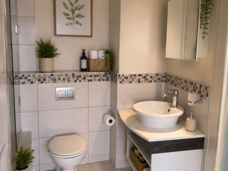 A modern, well-maintained bathroom featuring a wall-mounted toilet, vessel sink vanity, and a glass-enclosed shower with neutral tiling.