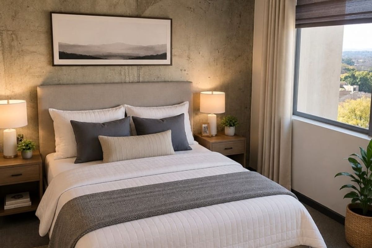A well-appointed bedroom featuring a striking exposed concrete feature wall, neutral carpeting, and a large window offering natural light and exterior views.