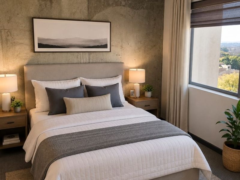 A well-appointed bedroom featuring a striking exposed concrete feature wall, neutral carpeting, and a large window offering natural light and exterior views.