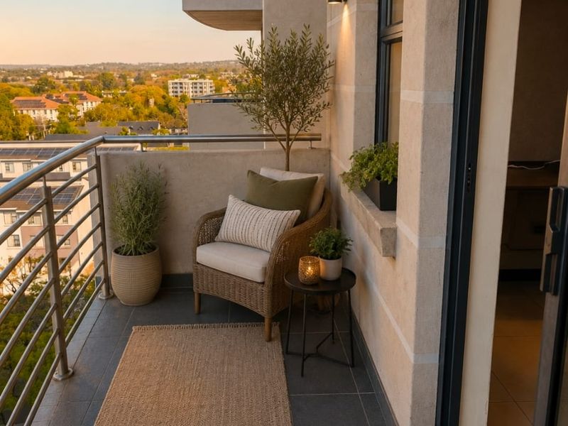 A well-maintained apartment balcony featuring tiled flooring, a stainless steel balustrade, and wall-mounted lighting, offering an elevated view of the surrounding area.