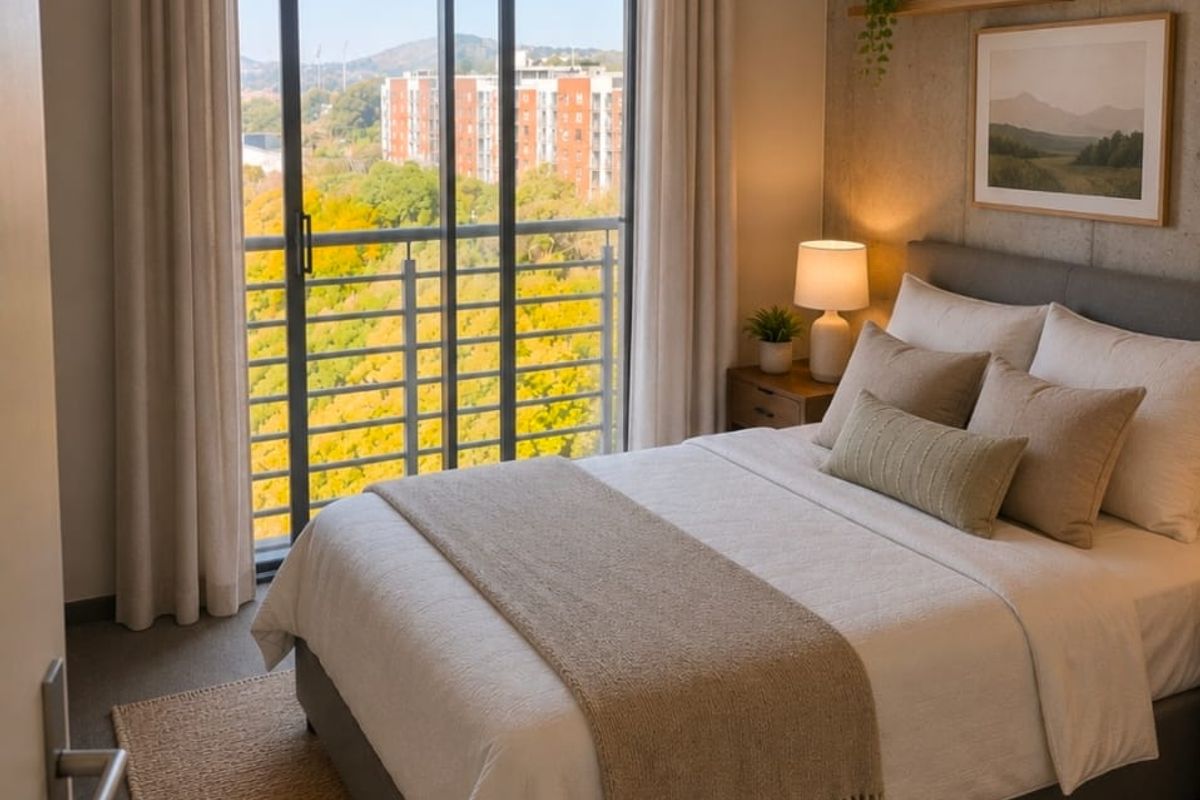 A well-appointed bedroom featuring a concrete accent wall, floating shelf, and a sliding glass door opening to a balcony with scenic views.