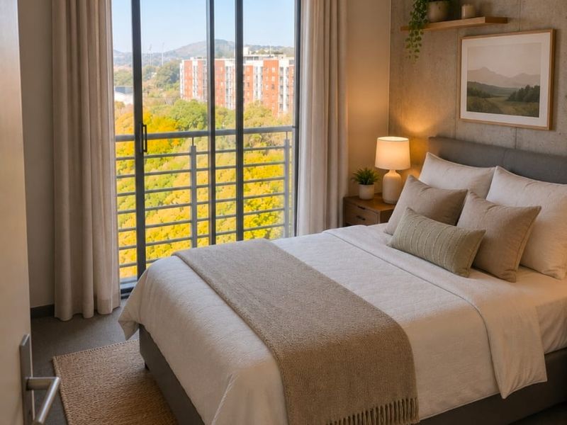 A well-appointed bedroom featuring a concrete accent wall, floating shelf, and a sliding glass door opening to a balcony with scenic views.