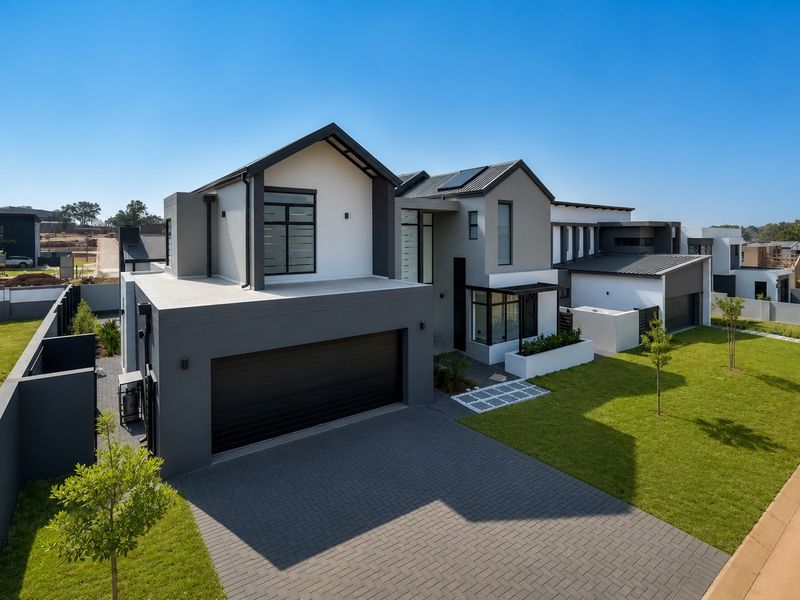 Modern double-story residential property featuring a paved driveway, double garage, and contemporary architectural design with a well-maintained lawn and boundary wall.