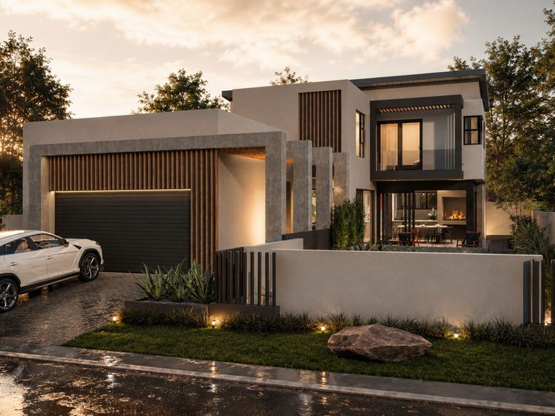 Modern architectural two-story residence featuring timber slat accents, concrete structural elements, a double garage, and a landscaped front garden with an outdoor fireplace.