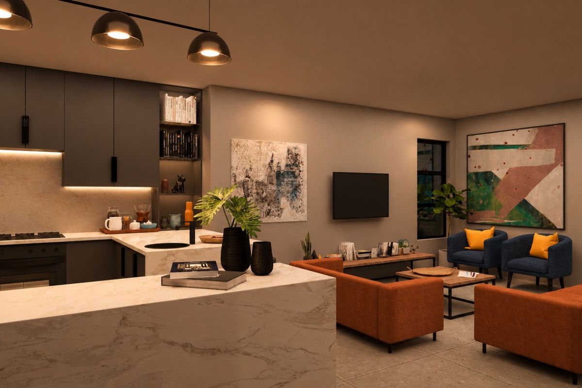 Modern open-plan living area featuring a sleek kitchen with marble-look countertops, integrated appliances, and warm ambient lighting, seamlessly flowing into the lounge space.