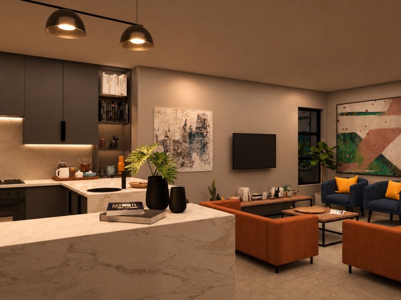 Modern open-plan living area featuring a sleek kitchen with marble-look countertops, integrated appliances, and warm ambient lighting, seamlessly flowing into the lounge space.