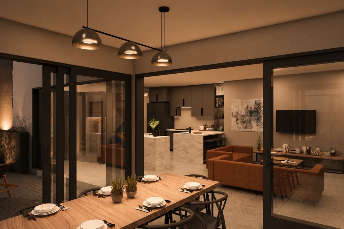 Modern open-plan living and kitchen area featuring a marble island, sleek cabinetry, and large sliding glass doors opening to an outdoor patio space.