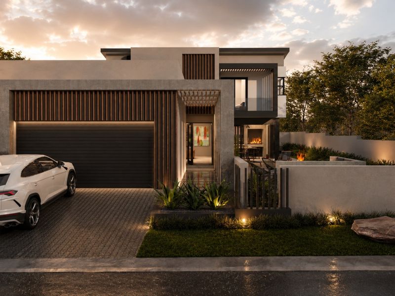 Modern contemporary front facade featuring a double garage, timber slat detailing, and a landscaped entrance with an integrated outdoor fireplace area.