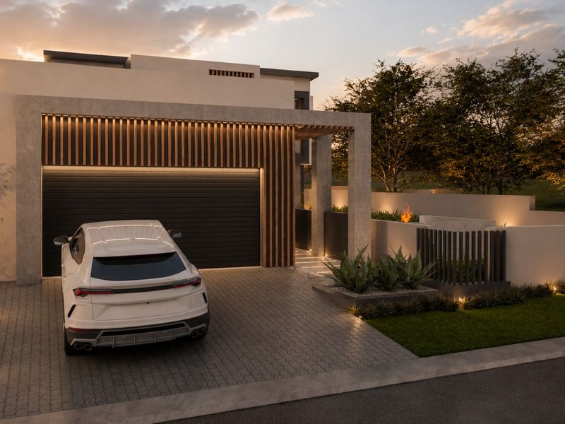 Modern architectural front facade featuring a sleek automated garage door, timber slat detailing, concrete portico, and professionally landscaped exterior lighting.