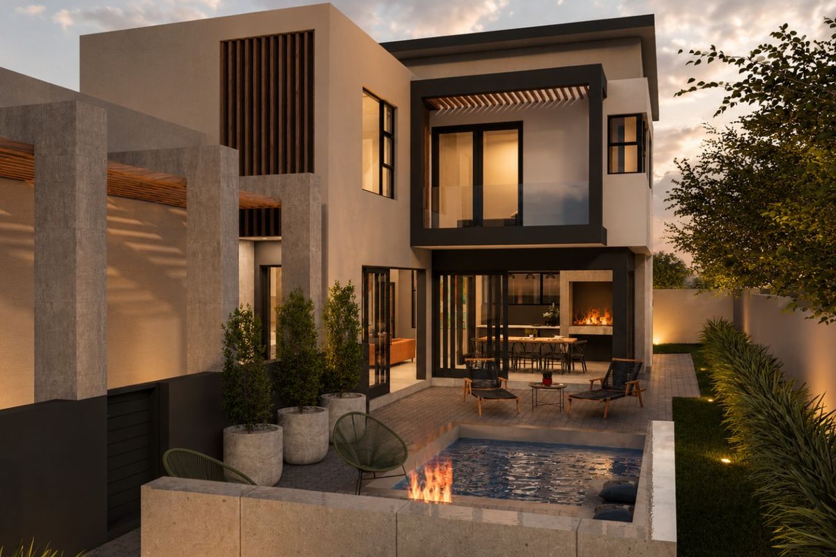 Modern rear exterior featuring a plunge pool, built-in fireplace, covered patio, and balcony, showcasing contemporary architectural design and integrated outdoor living spaces.