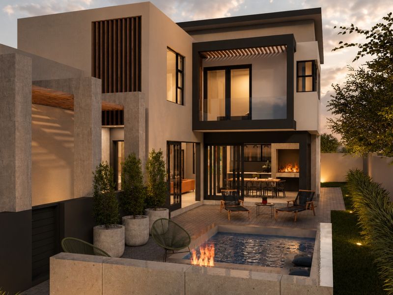 Modern rear exterior featuring a plunge pool, built-in fireplace, covered patio, and balcony, showcasing contemporary architectural design and integrated outdoor living spaces.