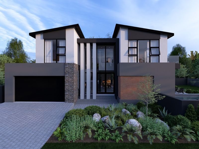 Modern double-story residential home featuring a contemporary facade with stone and brick accents, a paved driveway, and a landscaped front garden.