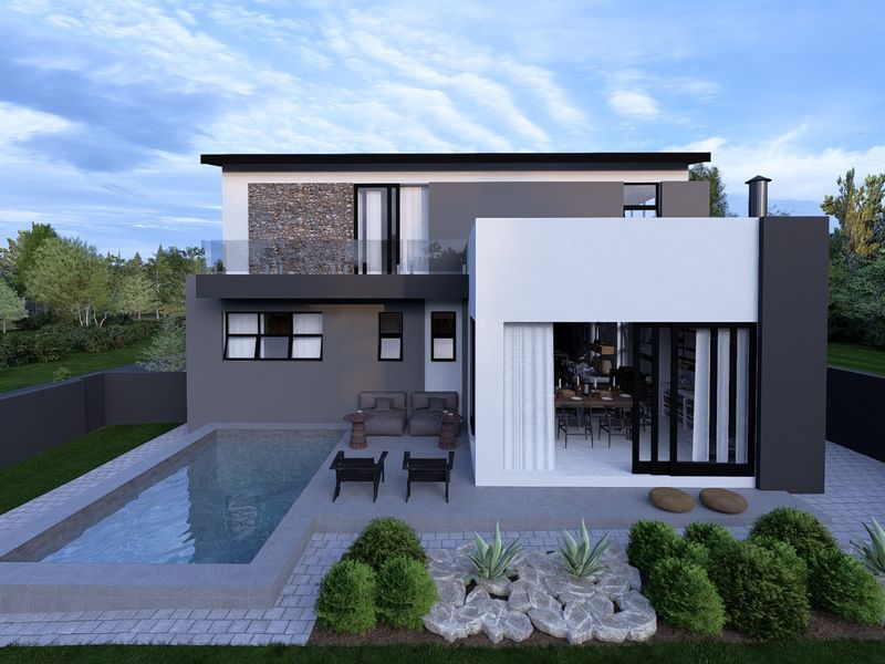 Modern two-story rear elevation featuring a swimming pool, paved patio area, stone feature wall, and large sliding glass doors opening to the interior.