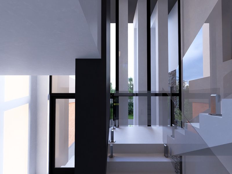 Modern architectural hallway featuring a glass balustrade staircase, full-height windows, and a stone feature wall, creating a bright and contemporary entrance space.