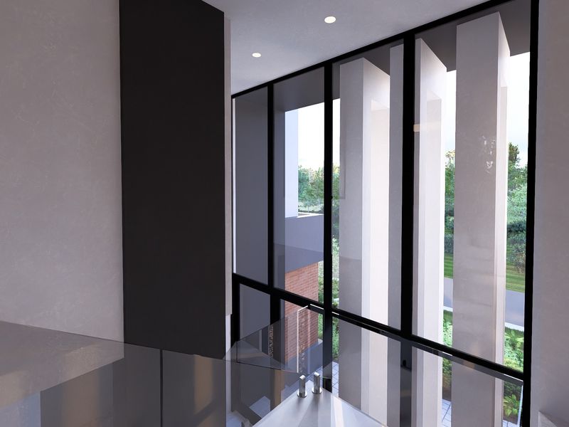 Modern hallway featuring a glass balustrade and expansive floor-to-ceiling windows that provide abundant natural light and architectural detail.