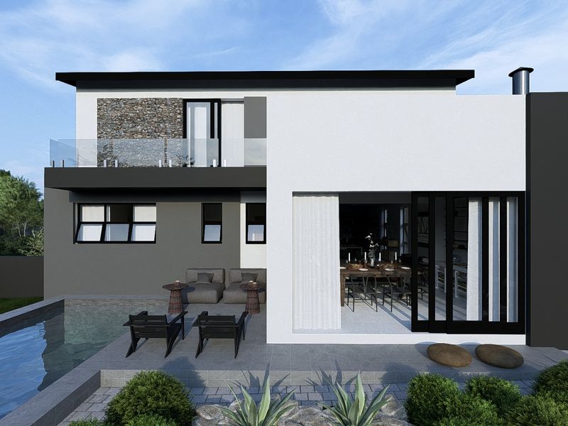 Modern rear elevation featuring a swimming pool, tiled patio area, stone cladding accents, and large sliding glass doors leading into the living space.