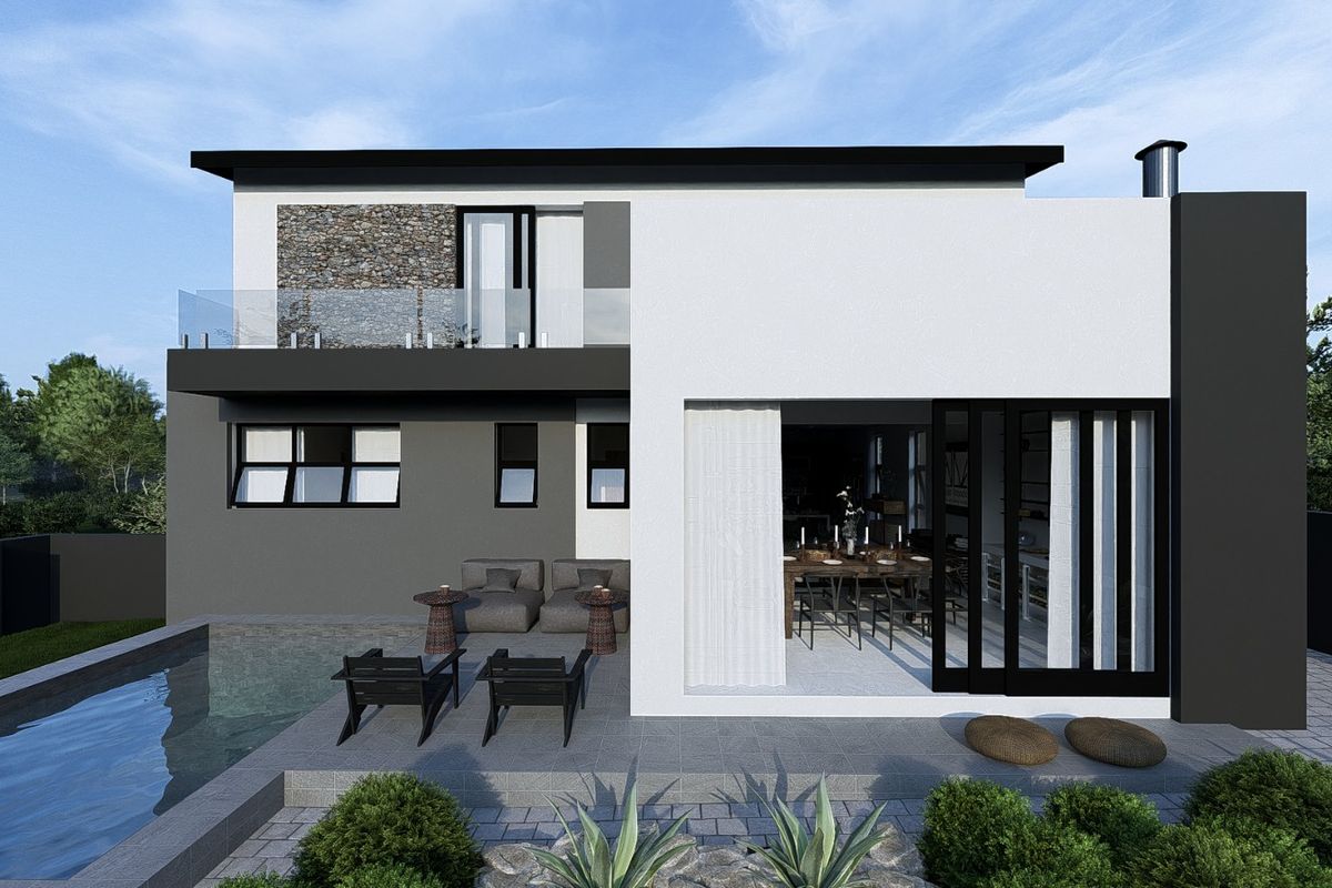 Modern rear elevation featuring a swimming pool, tiled patio area, stone cladding accents, and large sliding glass doors leading into the living space.