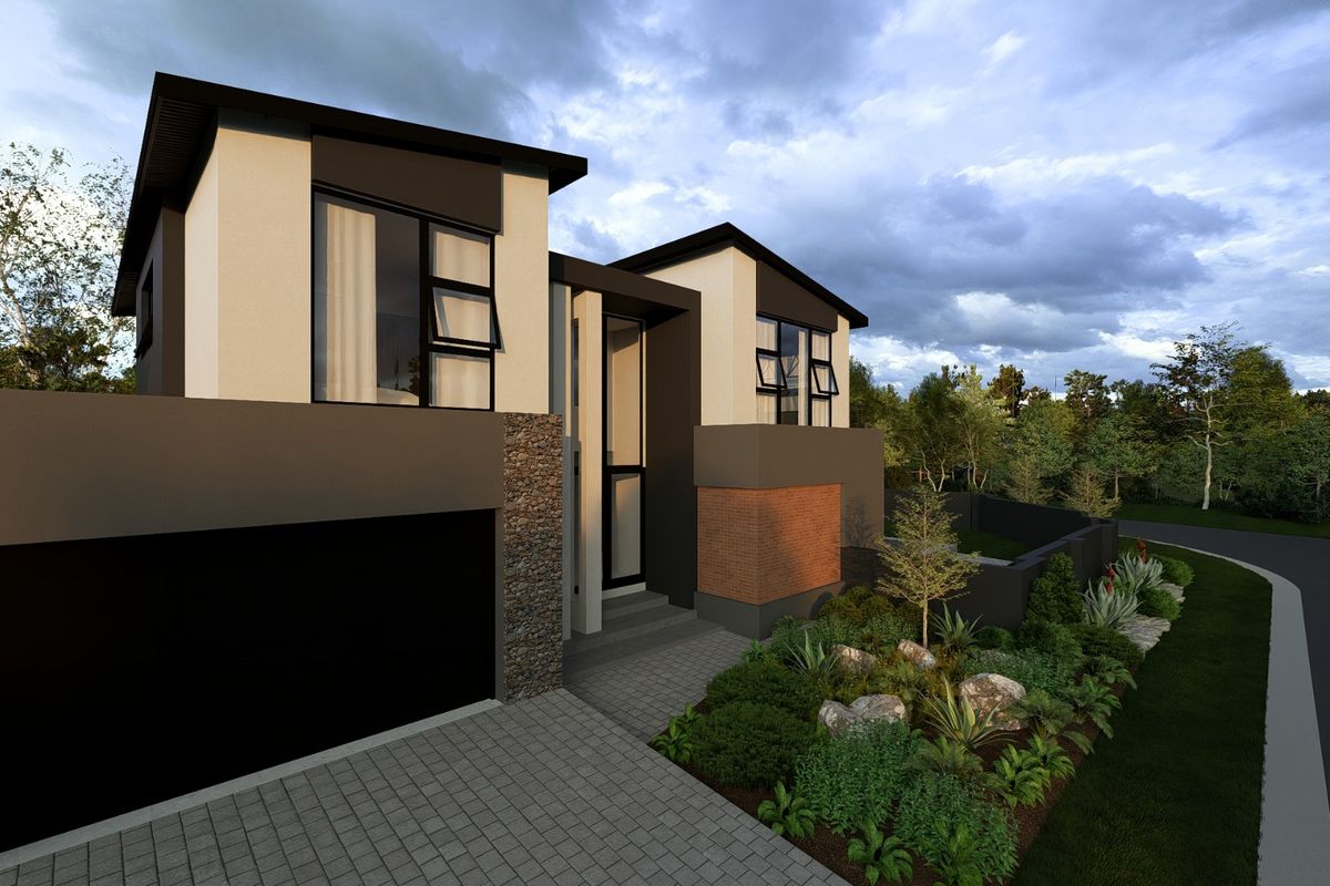 Modern two-story residential facade featuring stone and brick accents, a paved driveway, and a landscaped front garden.
