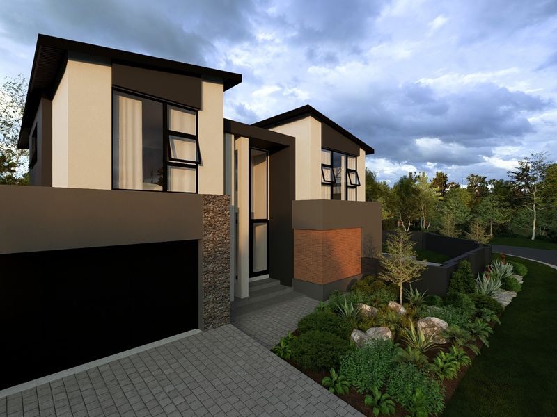 Modern two-story residential facade featuring stone and brick accents, a paved driveway, and a landscaped front garden.