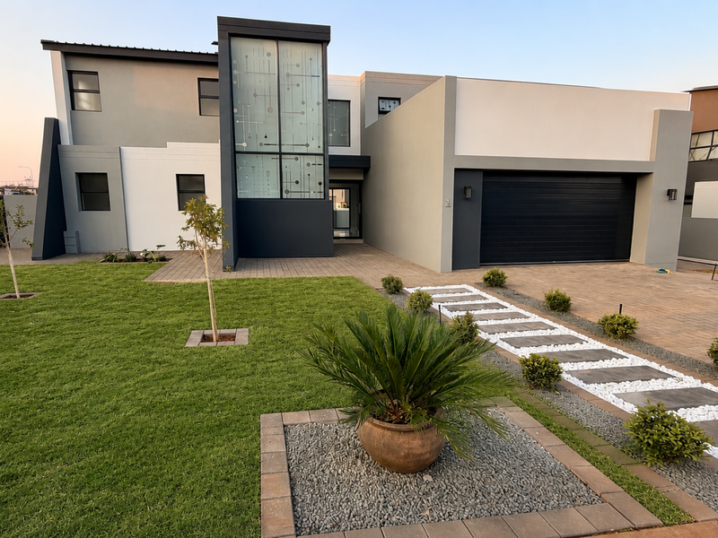 Modern double-story home featuring a striking glass facade, paved driveway, double garage, and a well-maintained landscaped front garden.