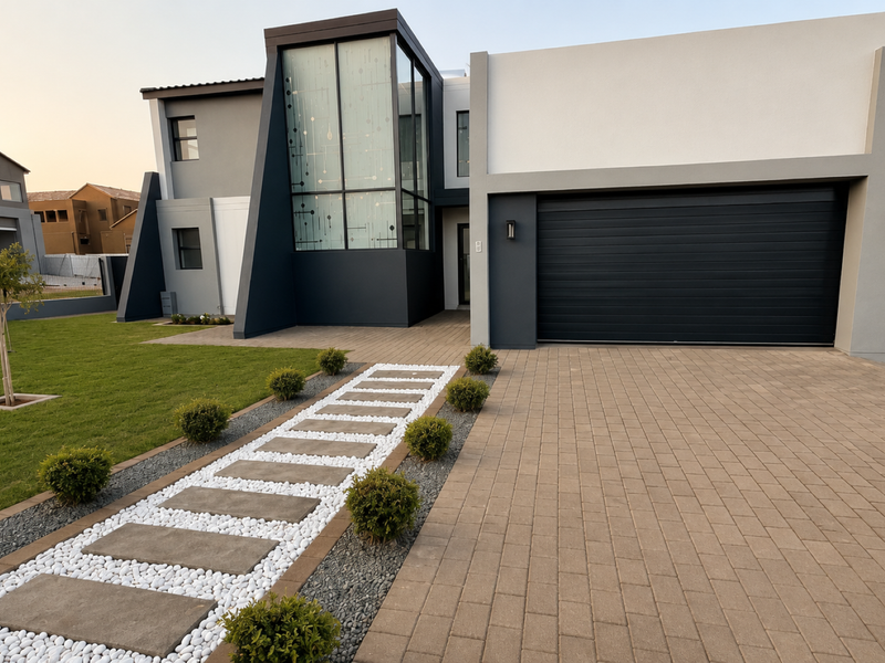 Modern contemporary home featuring a striking glass facade, double garage, paved driveway, and neatly landscaped front garden.