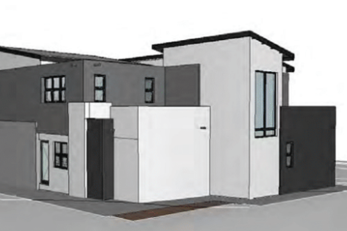 A 3D architectural rendering of a modern two-story house featuring a contemporary facade and pitched roof design.