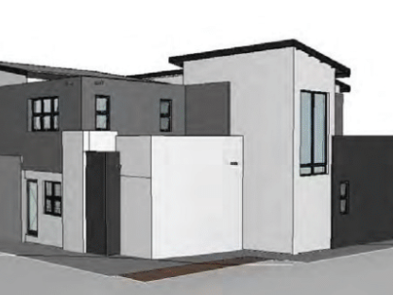 A 3D architectural rendering of a modern two-story house featuring a contemporary facade and pitched roof design.