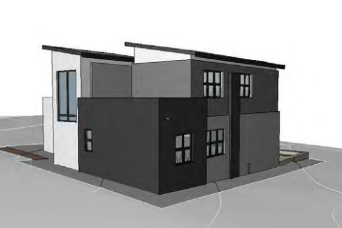 A 3D architectural rendering of a modern two-story residential house design featuring a contemporary facade and pitched roofline.
