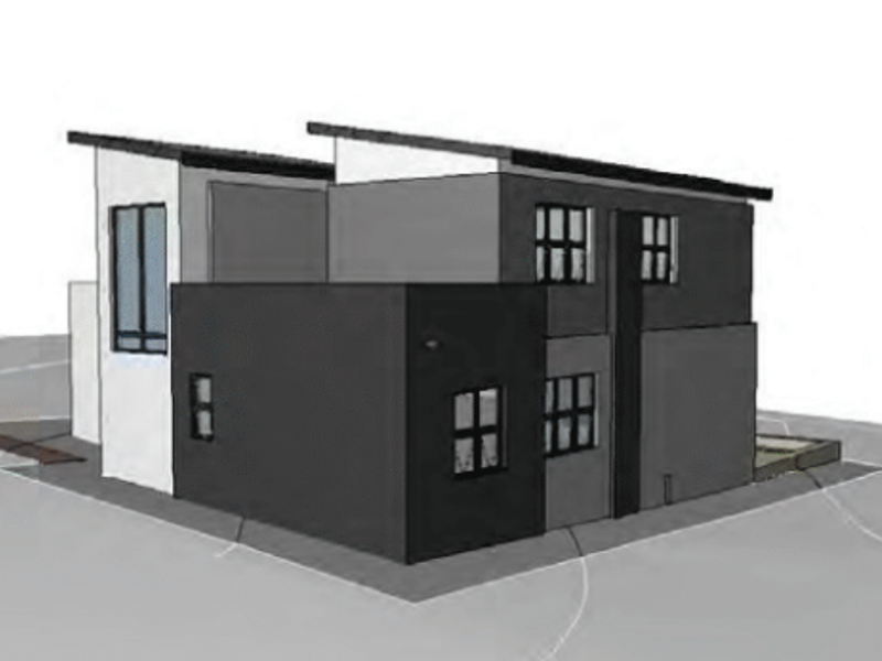 A 3D architectural rendering of a modern two-story residential house design featuring a contemporary facade and pitched roofline.