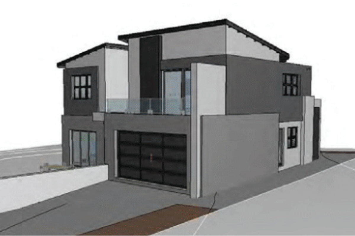 A 3D architectural render of a modern two-story house featuring a double garage, balcony with glass balustrade, and contemporary exterior finishes.