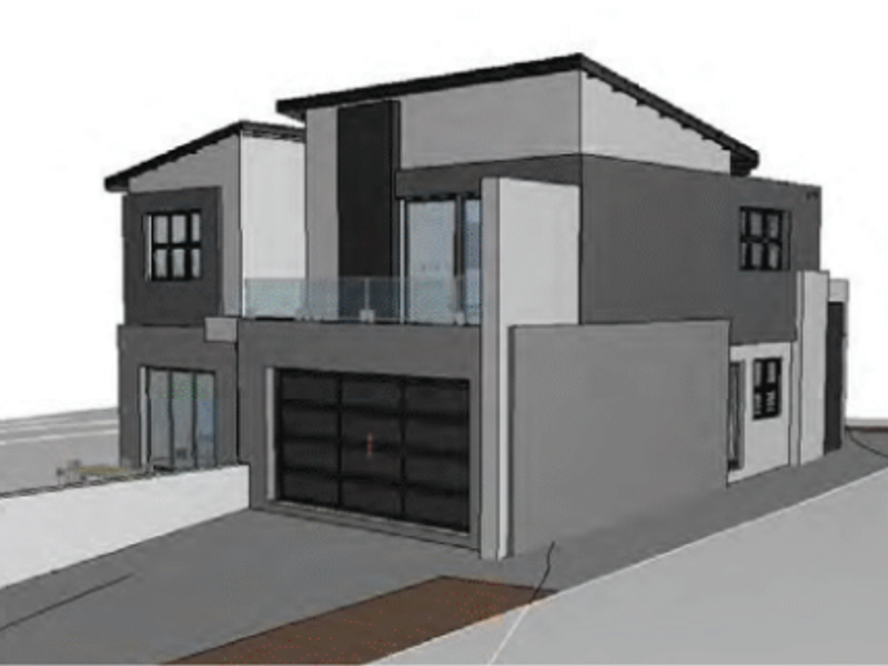 A 3D architectural render of a modern two-story house featuring a double garage, balcony with glass balustrade, and contemporary exterior finishes.