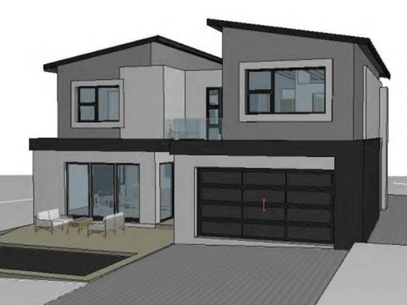 A 3D architectural render of a modern double-story house featuring a double garage, swimming pool, and patio area.