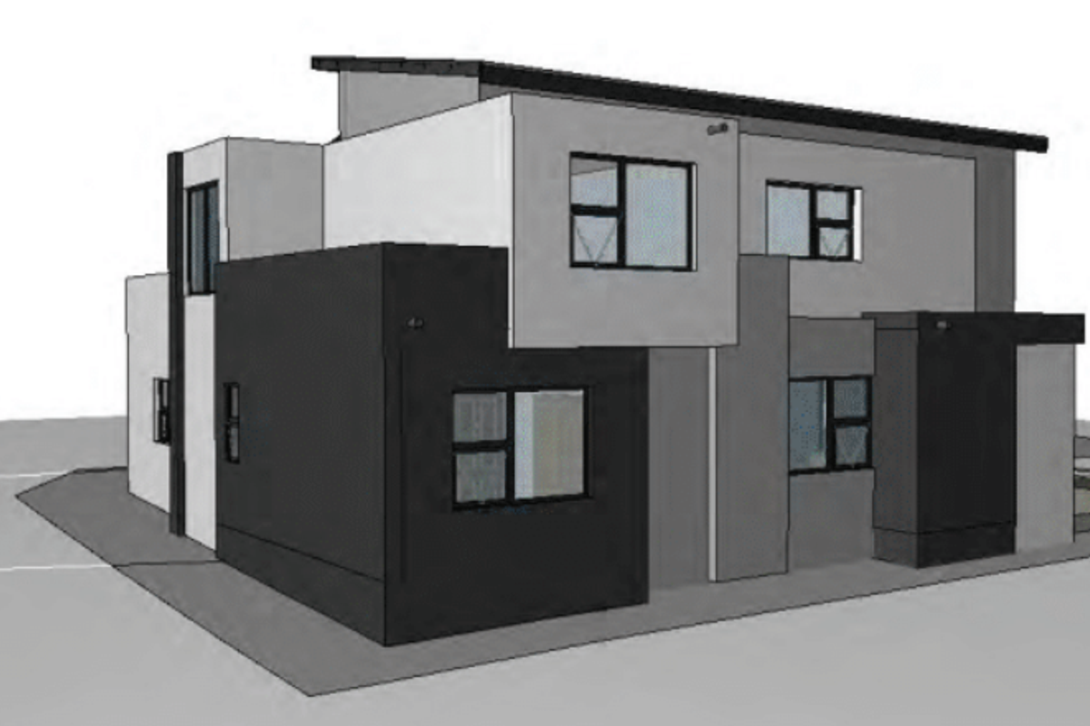 A 3D architectural render showing the modern exterior facade of a two-story residential property with clean lines and contemporary design.